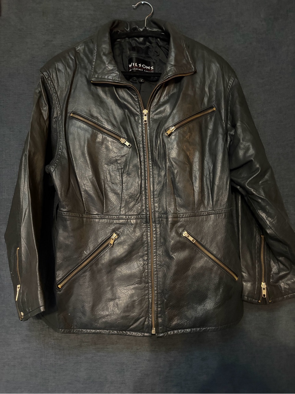 Wilsons Leather Black Women's Zip Front Moto Jacket with Gold Zippers
